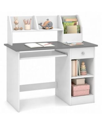 Kids Study Desk with Keyboard Tray and Drawer, Side Bookshelf and Upper Shelves