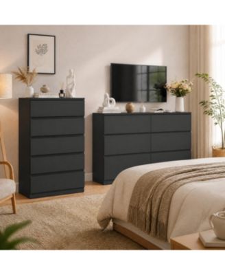 5-Drawer 40.6" Tall Dresser + 47" Wide 6-Drawer Chest Bedroom Storage Set - Modern MDF Dressers with Deep Drawers for Living Room and Hallway