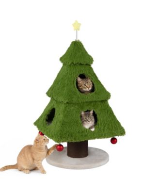 Christmas Cat Tree with Scratching Post and Dangling Balls 2 Caves Treetop Star