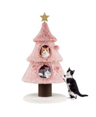 Christmas Cat Tree with 2 Condos Hanging Balls Scratching Post Soft Plush Fabric