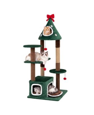 54" Christmas Cat Tree with 2 Condos and Removable Cushion Jute Scratching Posts