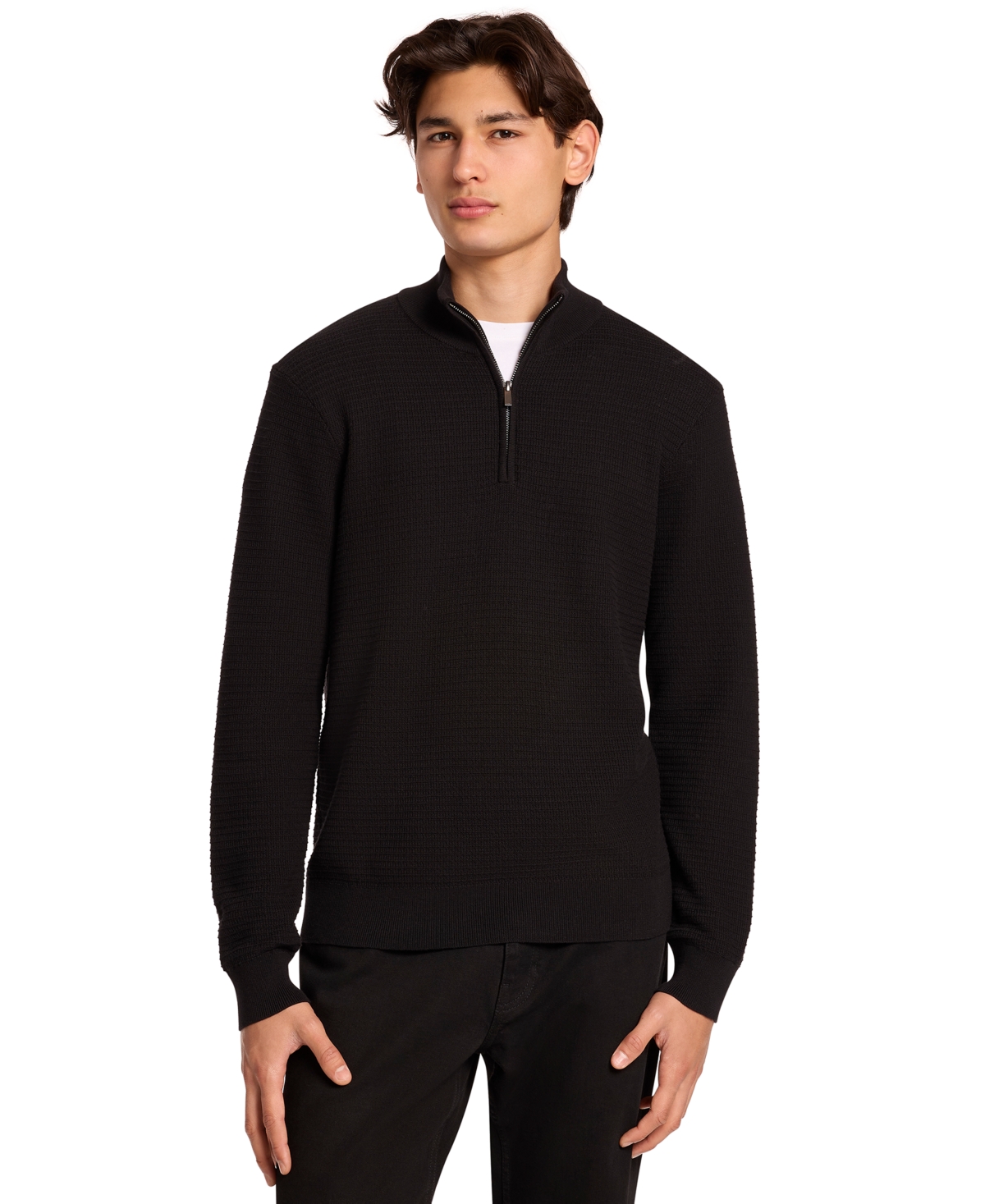 Michael Kors Men's Quarter-Zip Waffle-Knit Sweater - Black Solid