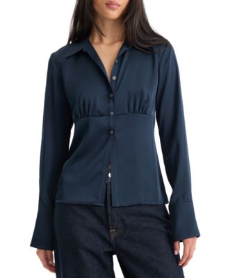 Women's Collared Long-Sleeve Satin Blouse
