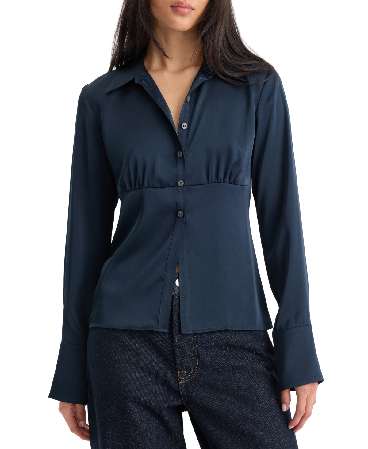 Good American Women's Collared Long-Sleeve Satin Blouse - Navy