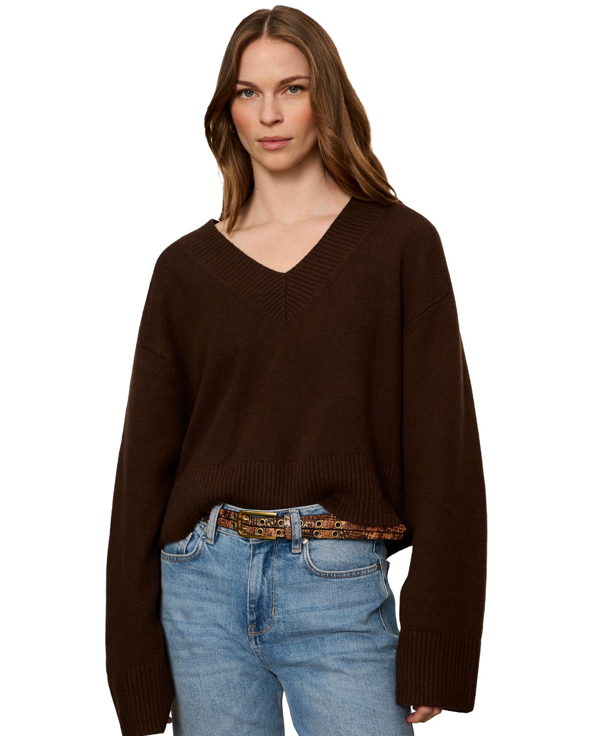 Sanctuary Petite Vanna V-Neck Long-Sleeve Ribbed Sweater