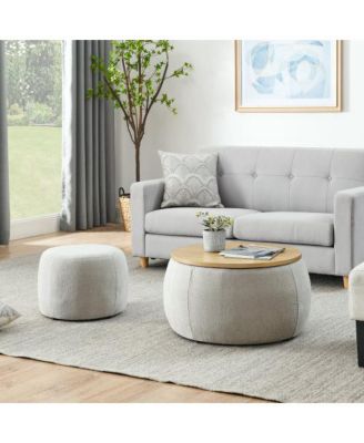 Round Pleated Fabric Storage Ottoman with Built-In Stool, 25"x25"x14.7", 250 LBS Weight Capacity