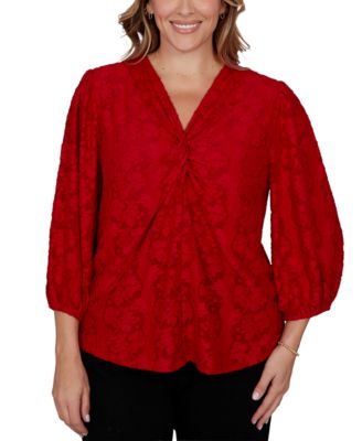 Plus Size Knit Floral Clip 3/4-Sleeve V-Neck Blouse