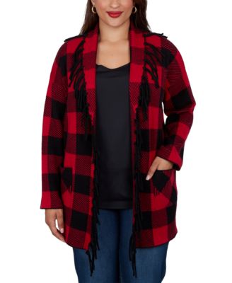 Plus Size Luxe Open-Front Plaid Long-Sleeve Cardigan