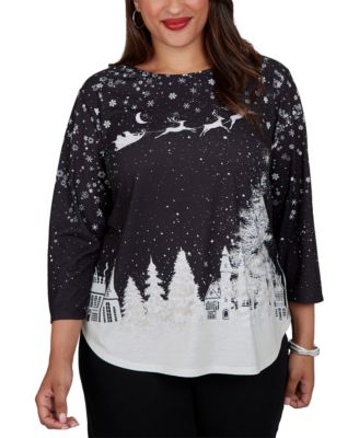 Plus Size Snowflake Crewneck 3/4-Sleeve T-Shirt