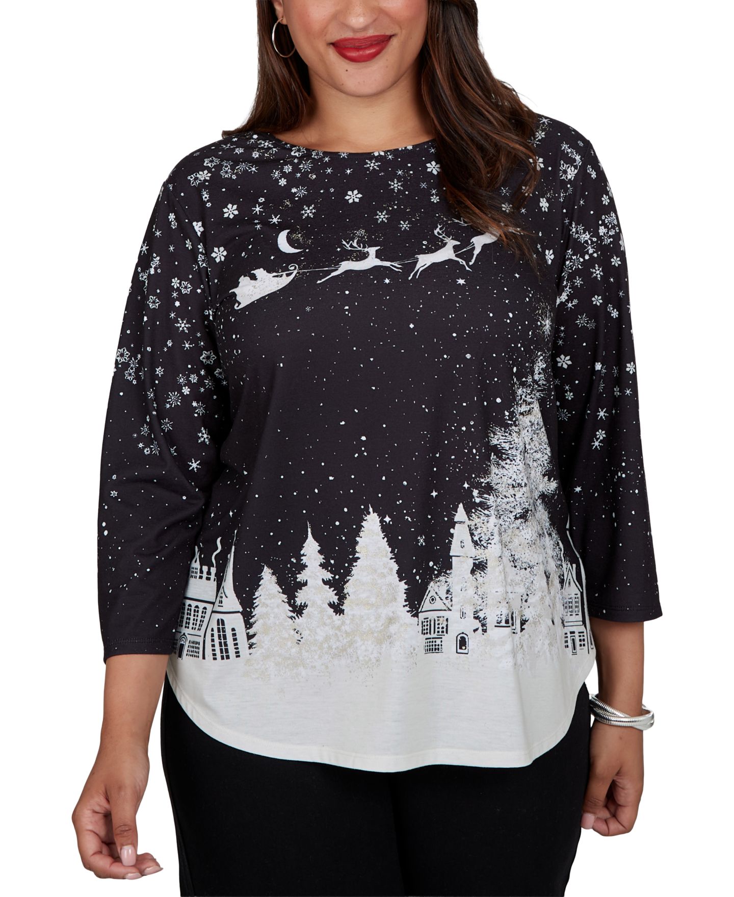 Женская футболка Ruby Rd. Plus Size Snowflake Crewneck 3/4-Sleeve, цвет: Чёрный разноцветный — фото 1