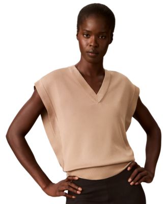 Petite Extended Shoulder V-Neck Sleeveless Fine Gauge Sweater Vest