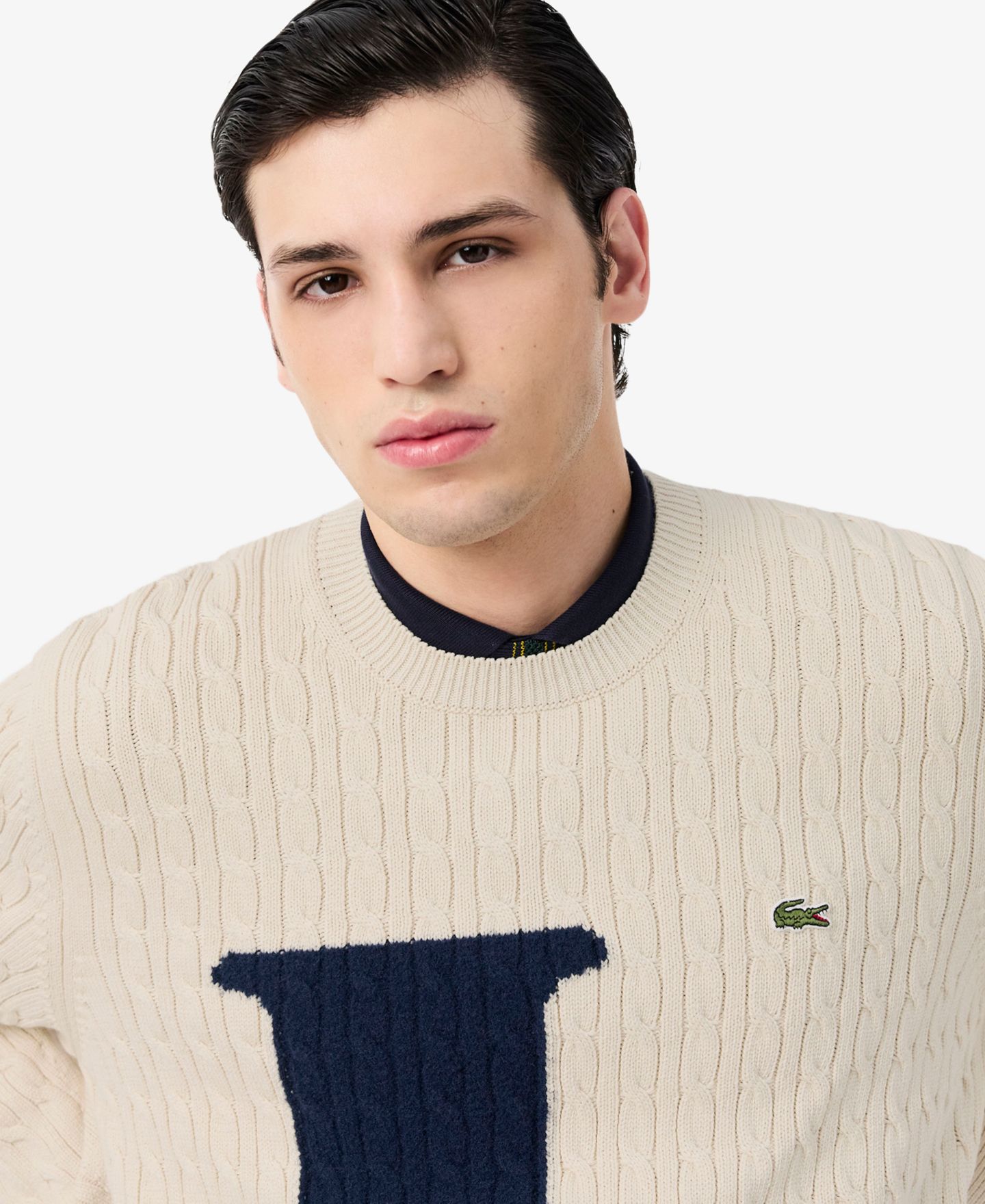 Мужской свитер Lacoste Cable-Knit Intarsia-Logo Crewneck Pullover, цвет: Naturel Cl — фото 3
