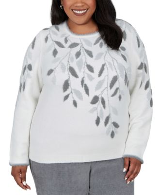 Plus Size Long-Sleeve Leaf-Pattern Crewneck Sweater
