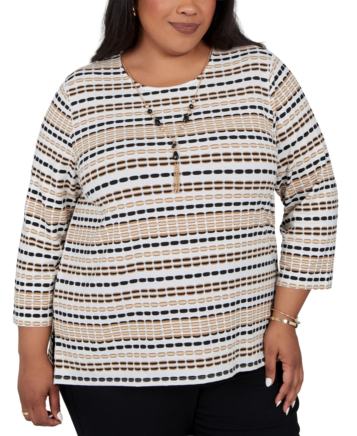 Alfred Dunner Plus Size 3/4-Sleeve Stripe Crewneck Blouse - Tan Multi