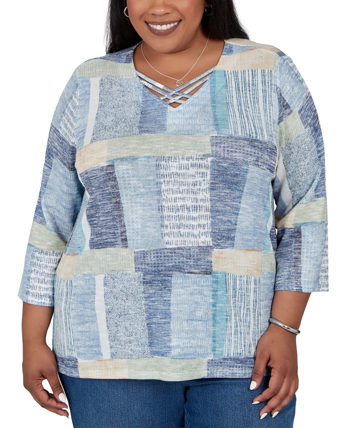 Alfred Dunner Plus Size V-Neck 3/4-Sleeve Blouse - Blue Multi