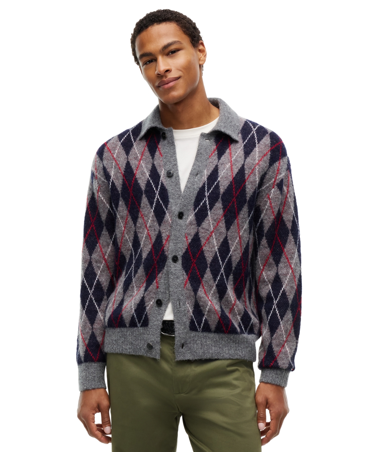 Tommy Hilfiger Men's Argyle Alpaca-Blend Collared Cardigan - Medium Gray Heather