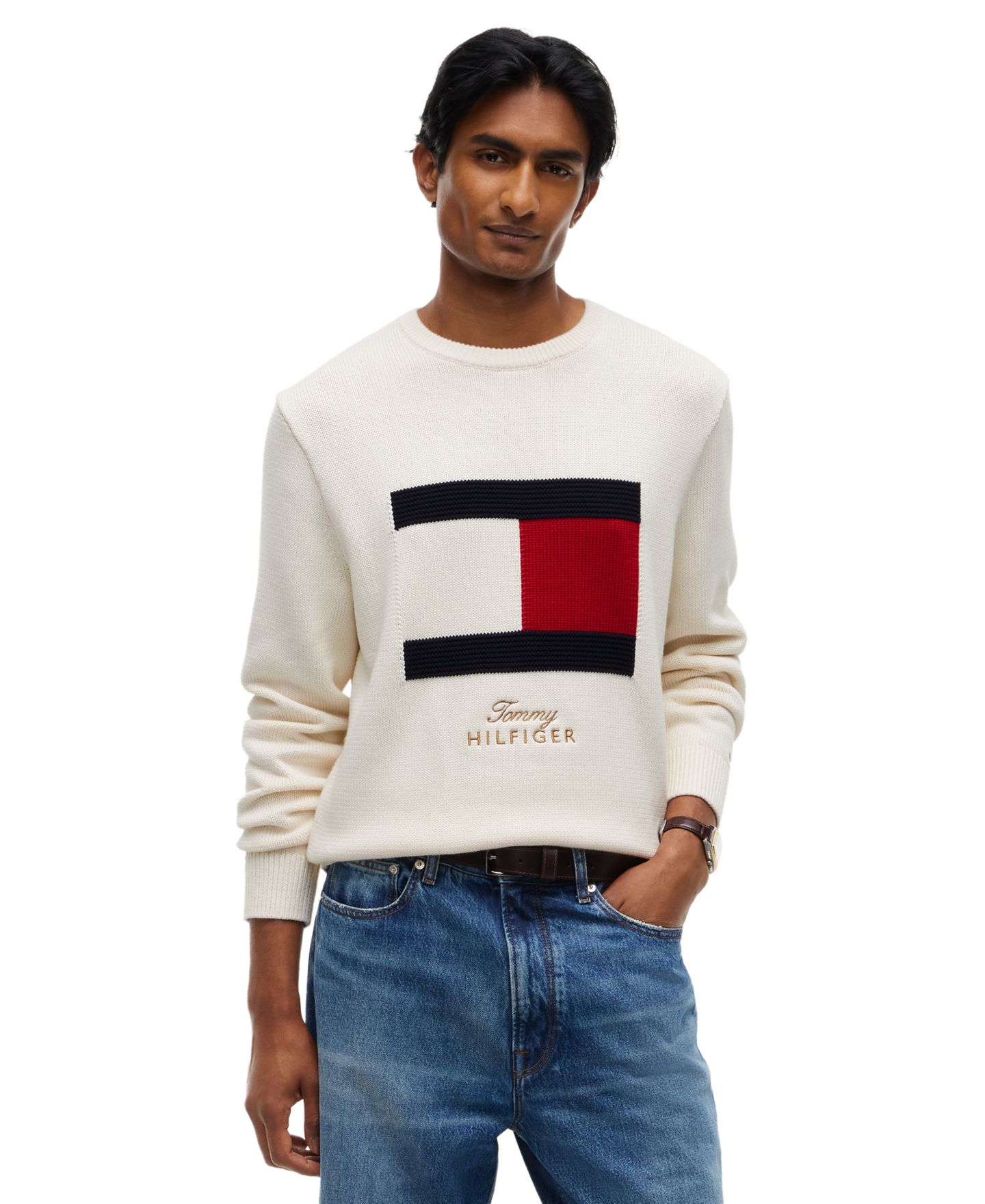 Мужской свитер Tommy Hilfiger обычного кроя с круглым вырезом и флагом, цвет: Слоновая кость — фото 1