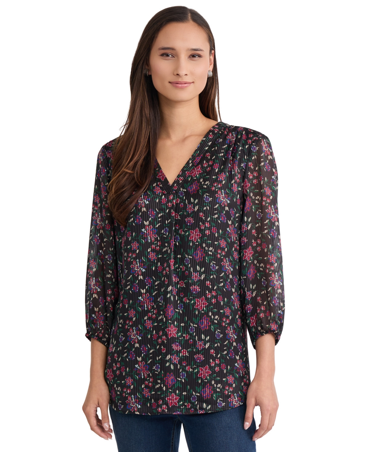 Jones New York Women's 3/4-Sleeve V-Neck Floral-Print Tunic