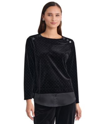 Women's Button-Shoulder Polka-Dot Long-Sleeve Blouse