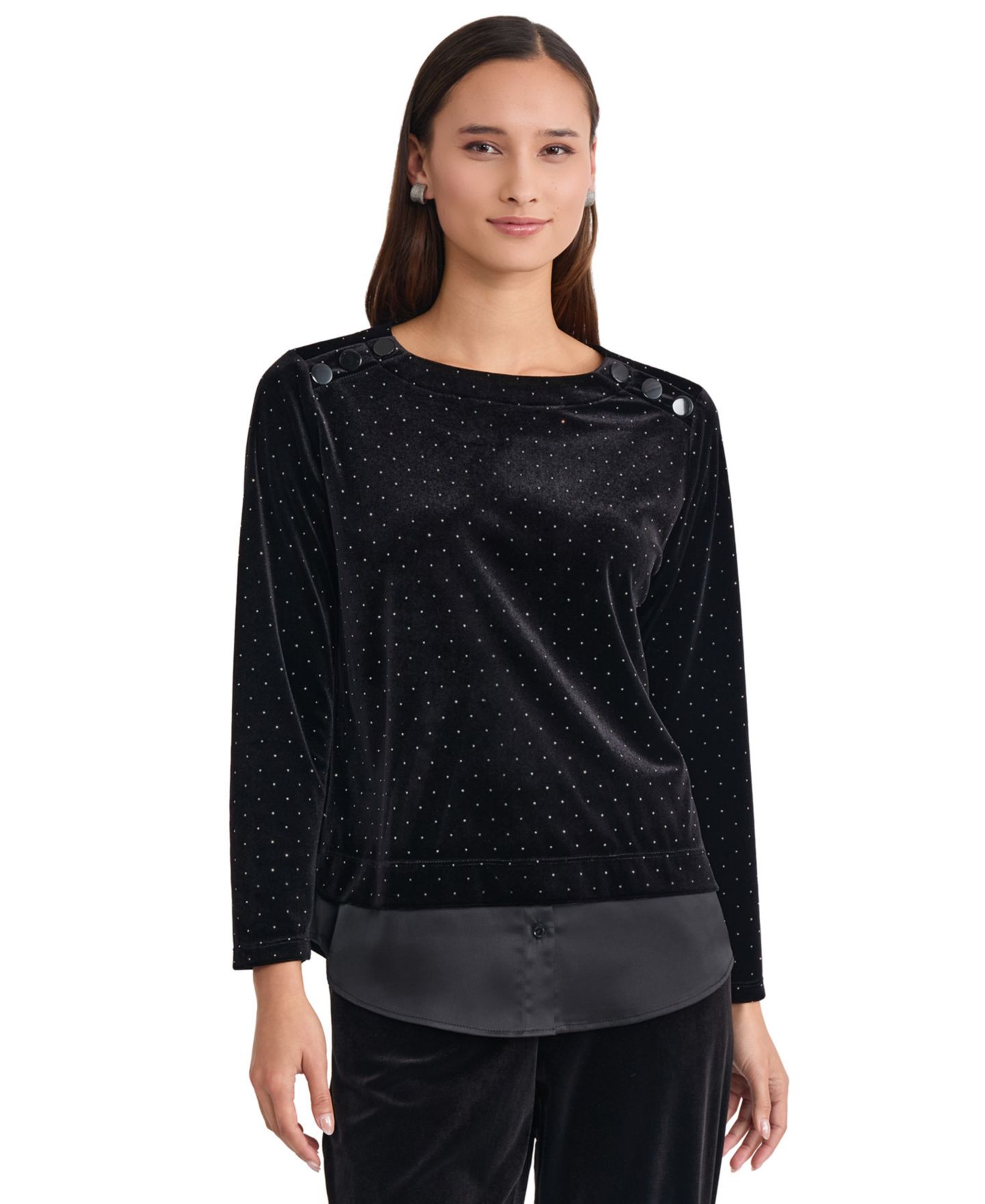 Женская блузка Jones New York Button-Shoulder Polka-Dot Long-Sleeve, цвет: Чёрный — фото 1