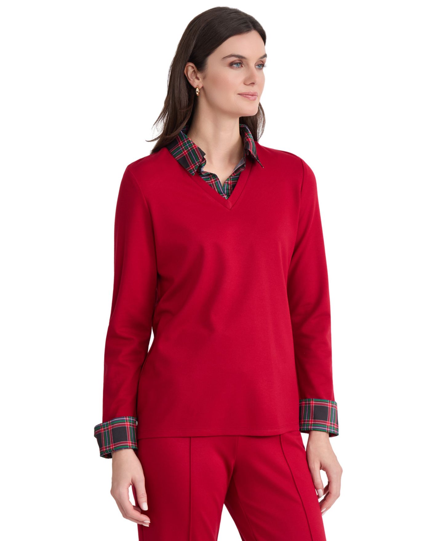 Женская блузка Jones New York Serenity Long-Sleeve Plaid Layered-Look, цвет: Красный — фото 3