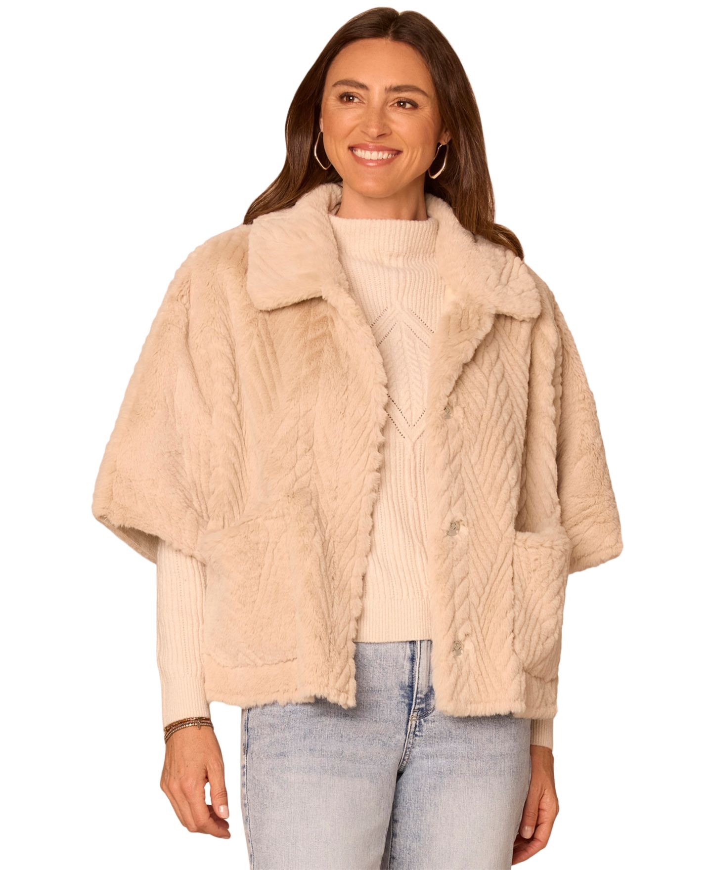 Женский топ Democracy Faux Fur Wide Collar Short Sleeve Caplet, цвет: Берёзовый — фото 1