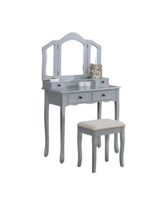 Wood Vanity Makeup Table and Upholstered Stool, 3-Panel Beveled Mirror, 4 Drawers, Brushed Nickel Hardware