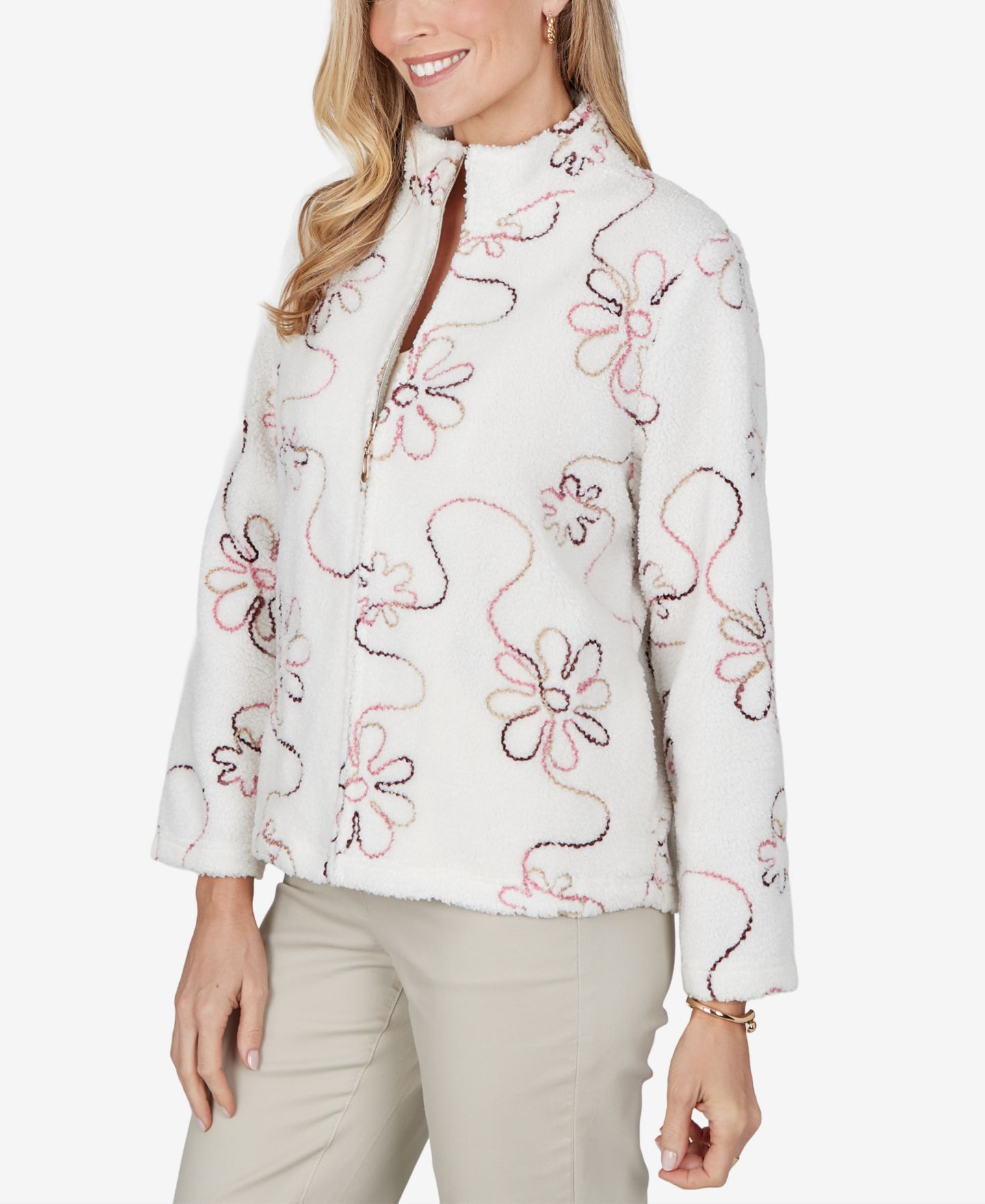 Женская куртка Alfred Dunner Petite Floral Fleece with Pockets, цвет: Слоновая кость — фото 2