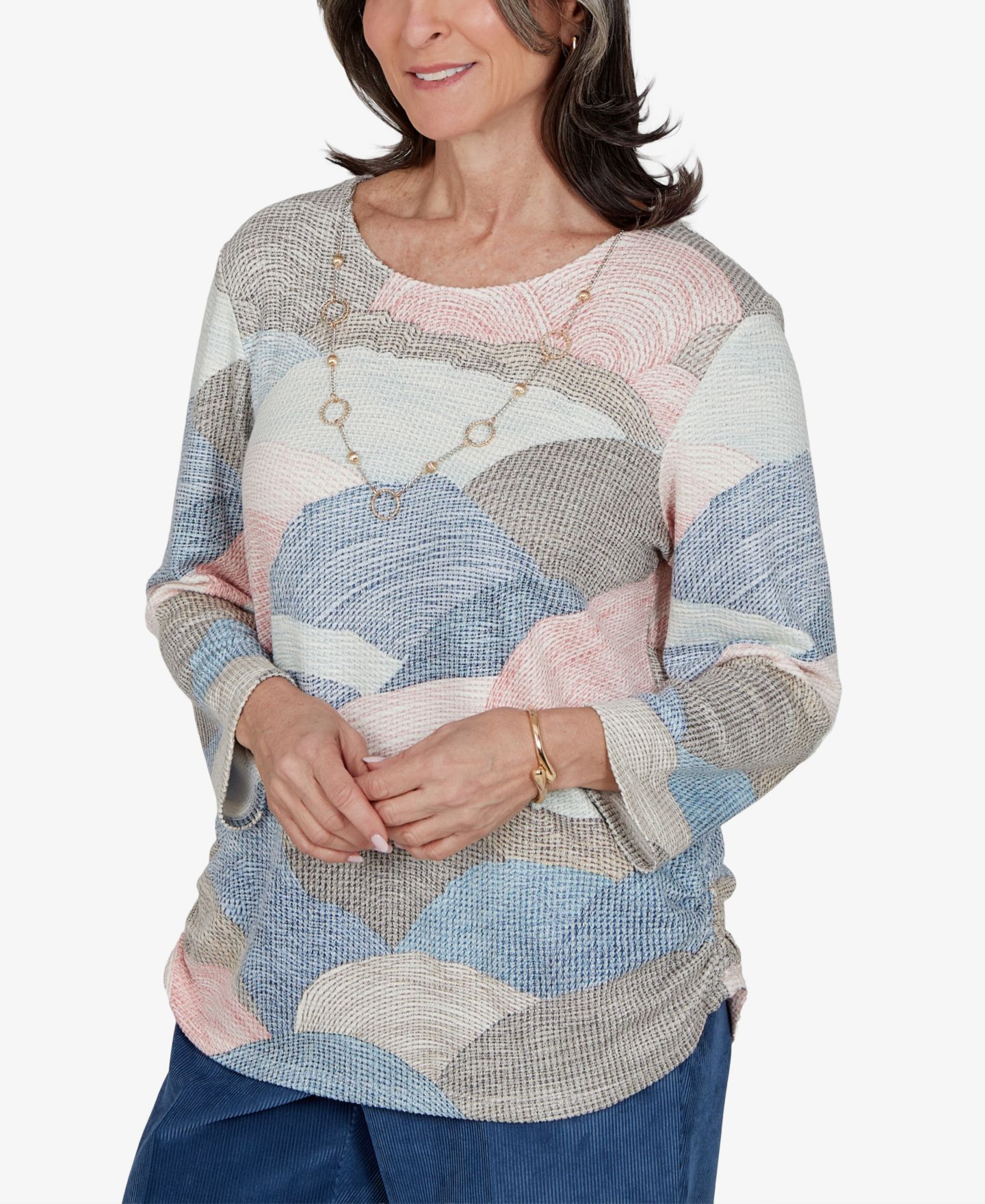 Женская блузка Alfred Dunner Petite Crewneck 3/4-Sleeve Ruched, цвет: Синий разноцветный — фото 2