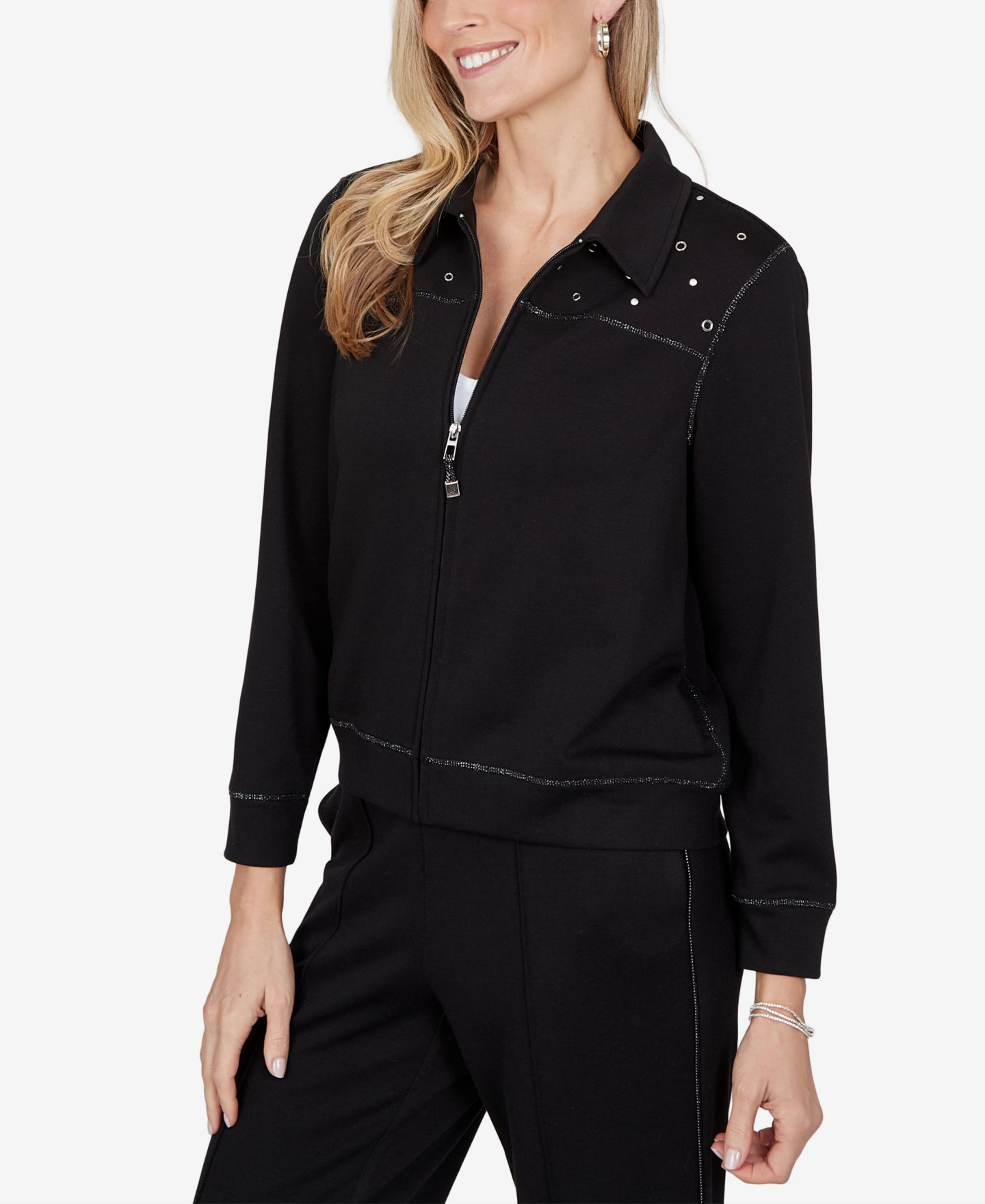 Женская куртка Alfred Dunner Petite Collared Long-Sleeve Zipper, цвет: Оникс — фото 2