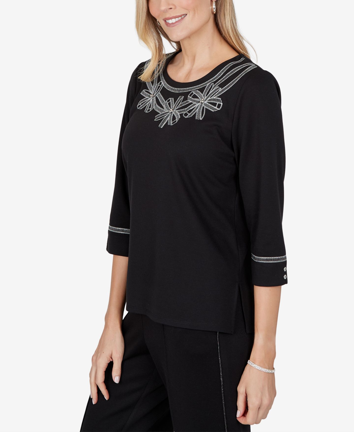 Женский топ Alfred Dunner Petite 3/4-Sleeve Crew Neck Side-Slit, цвет: Оникс — фото 4