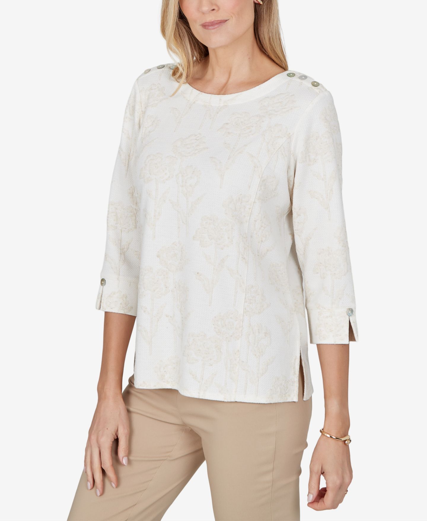 Женская блузка Alfred Dunner Petite Boat-Neck 3/4-Sleeve Floral-Print, цвет: Слоновая кость — фото 2
