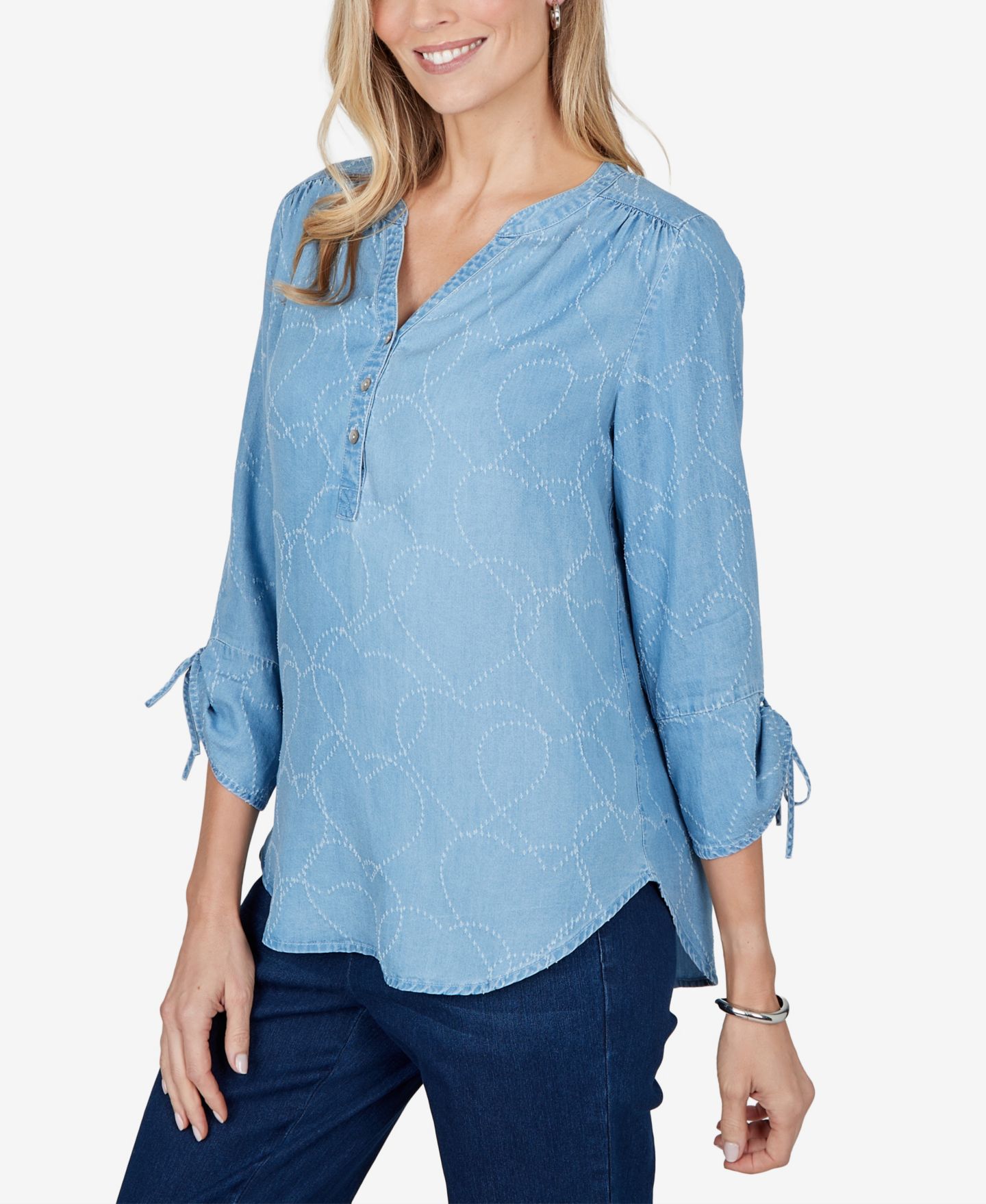 Женская блузка Alfred Dunner Petite 3/4-Sleeve V-Neck Heart-Print, цвет: Синий — фото 2