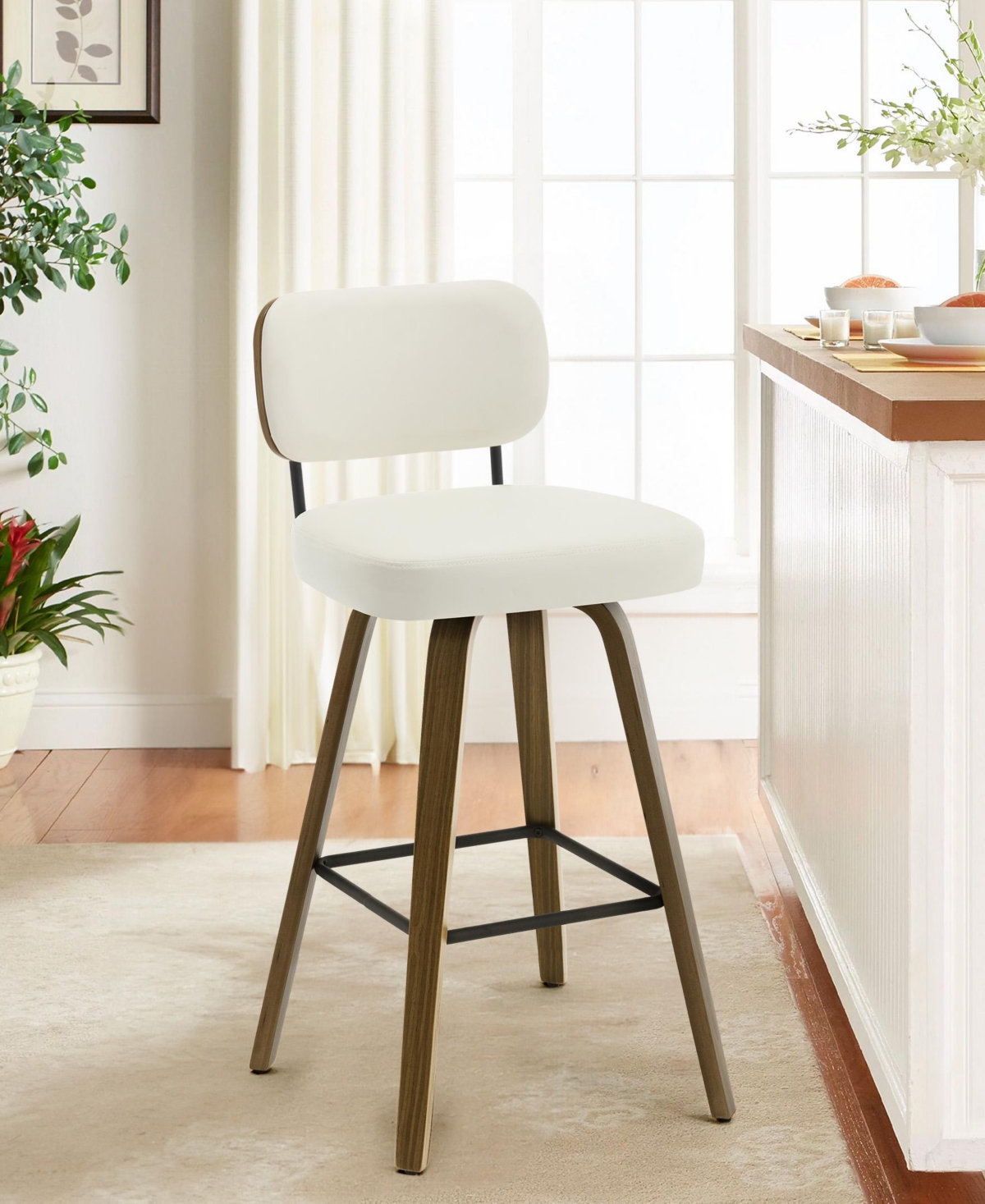 Bekrvio 29" Mid-Century Swivel Bar Height Bar Stool, Faux Leather Kitchen Stool - Pu white
