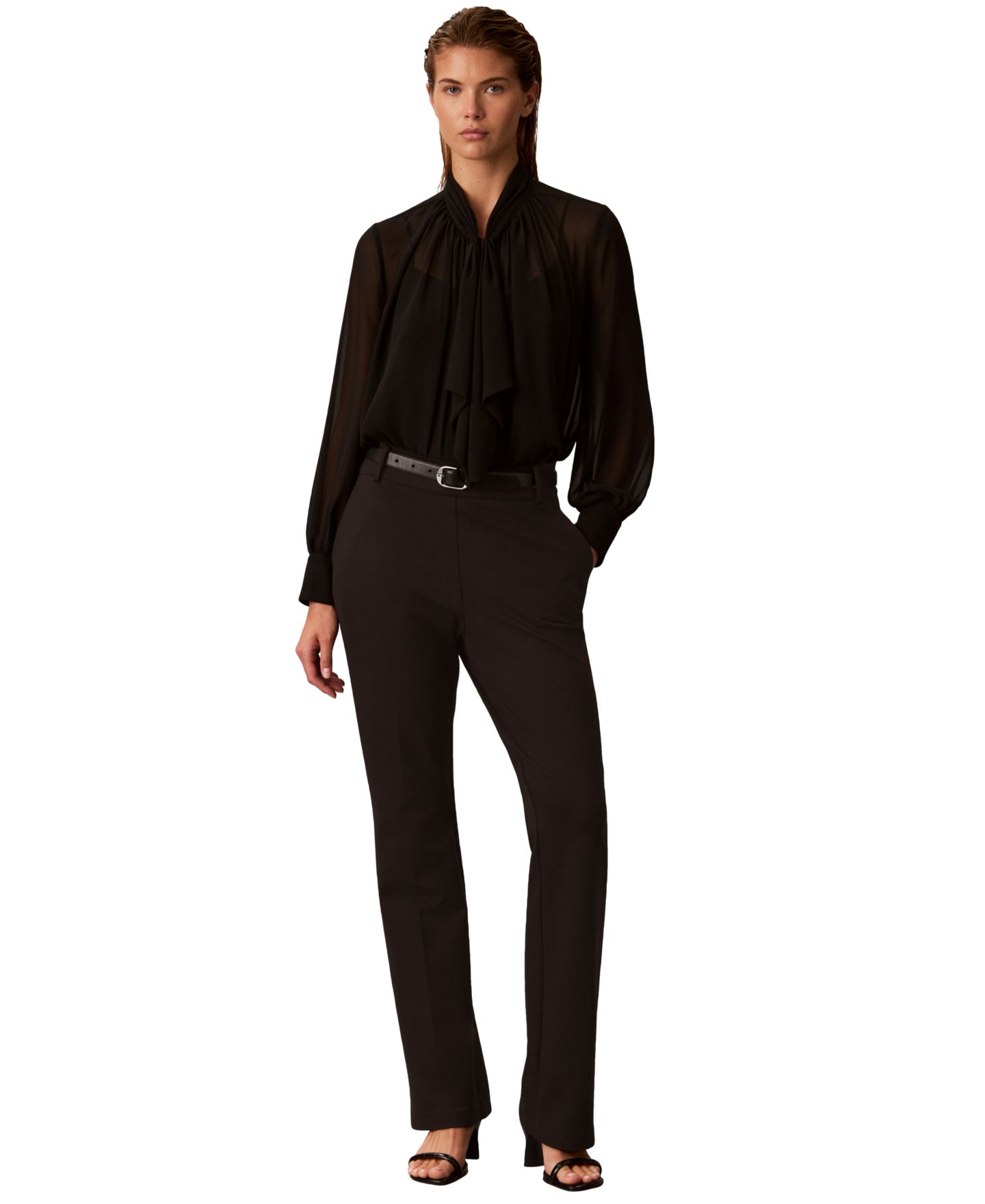 Женская блузка Calvin Klein Long-Sleeve Ruffle Neck Chiffon, цвет: Чёрный — фото 2