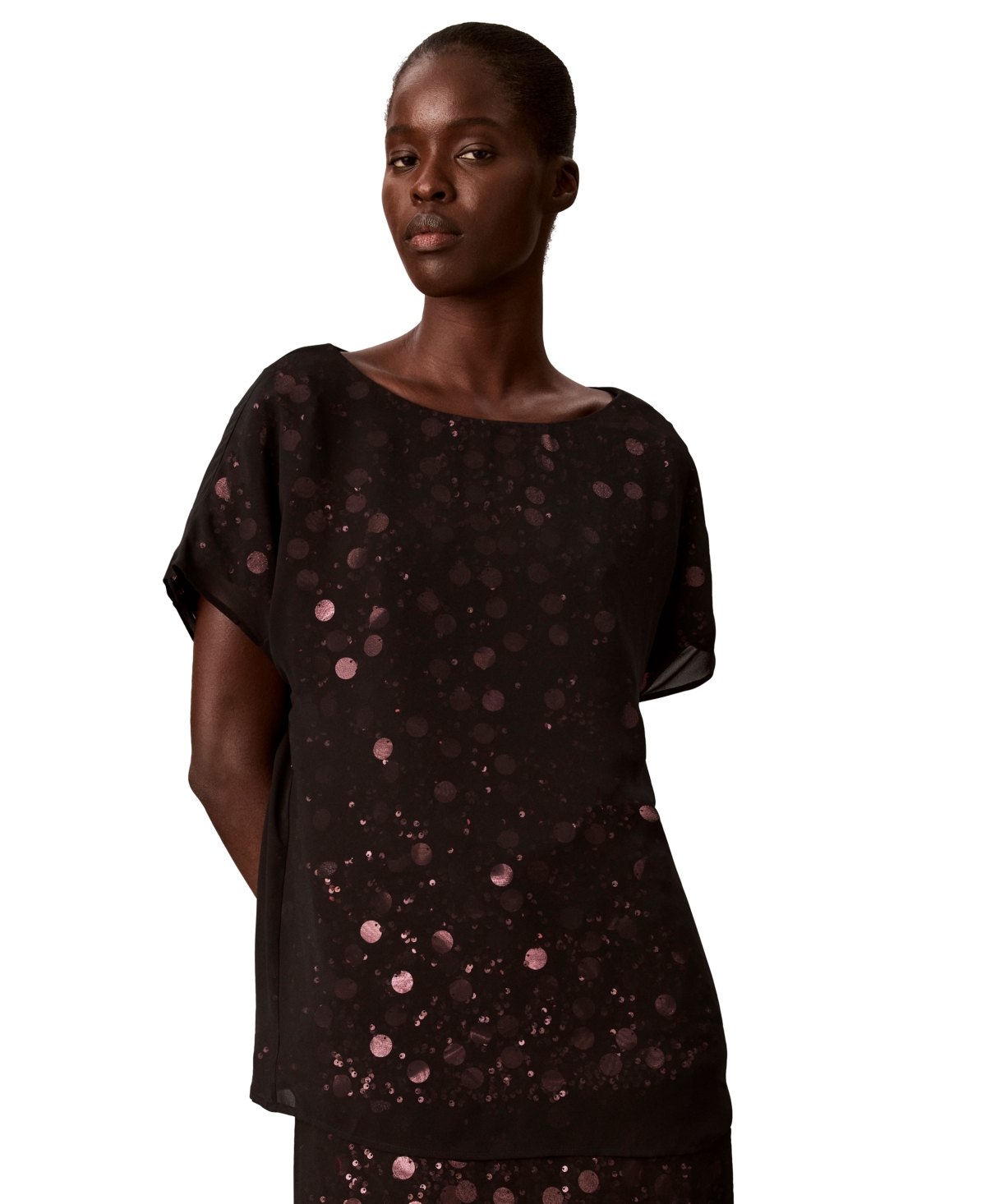 Calvin Klein Women's Sequin Sheer Boat-Neck Blouse