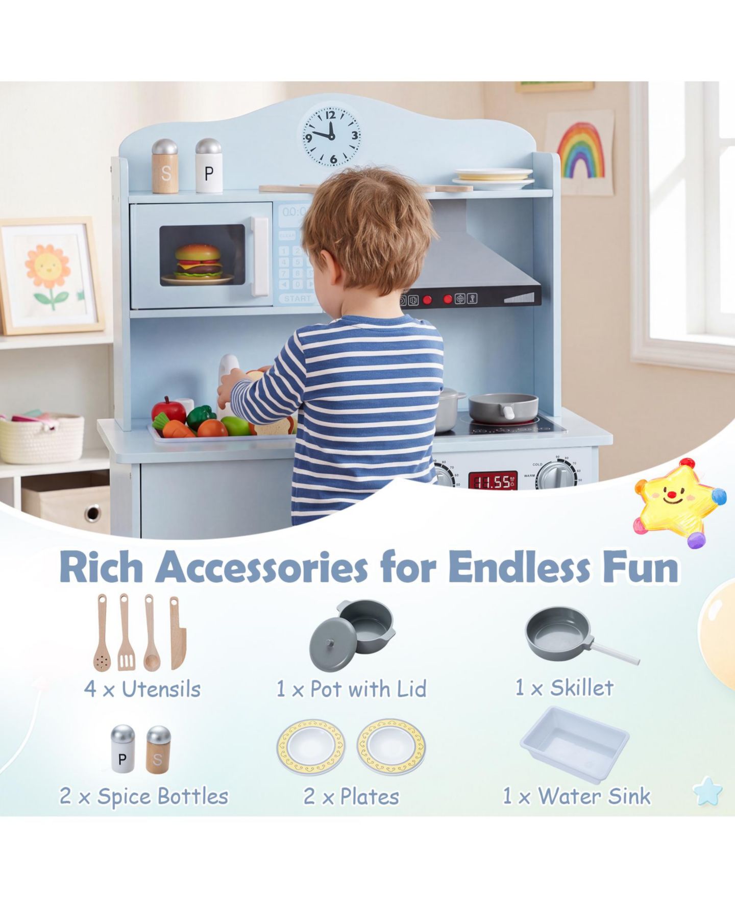 Детские игрушки Costway Light-Up Range Hood Wooden Play Kitchen, 9-Piece, Ages 3+, цвет: Синий — фото 6