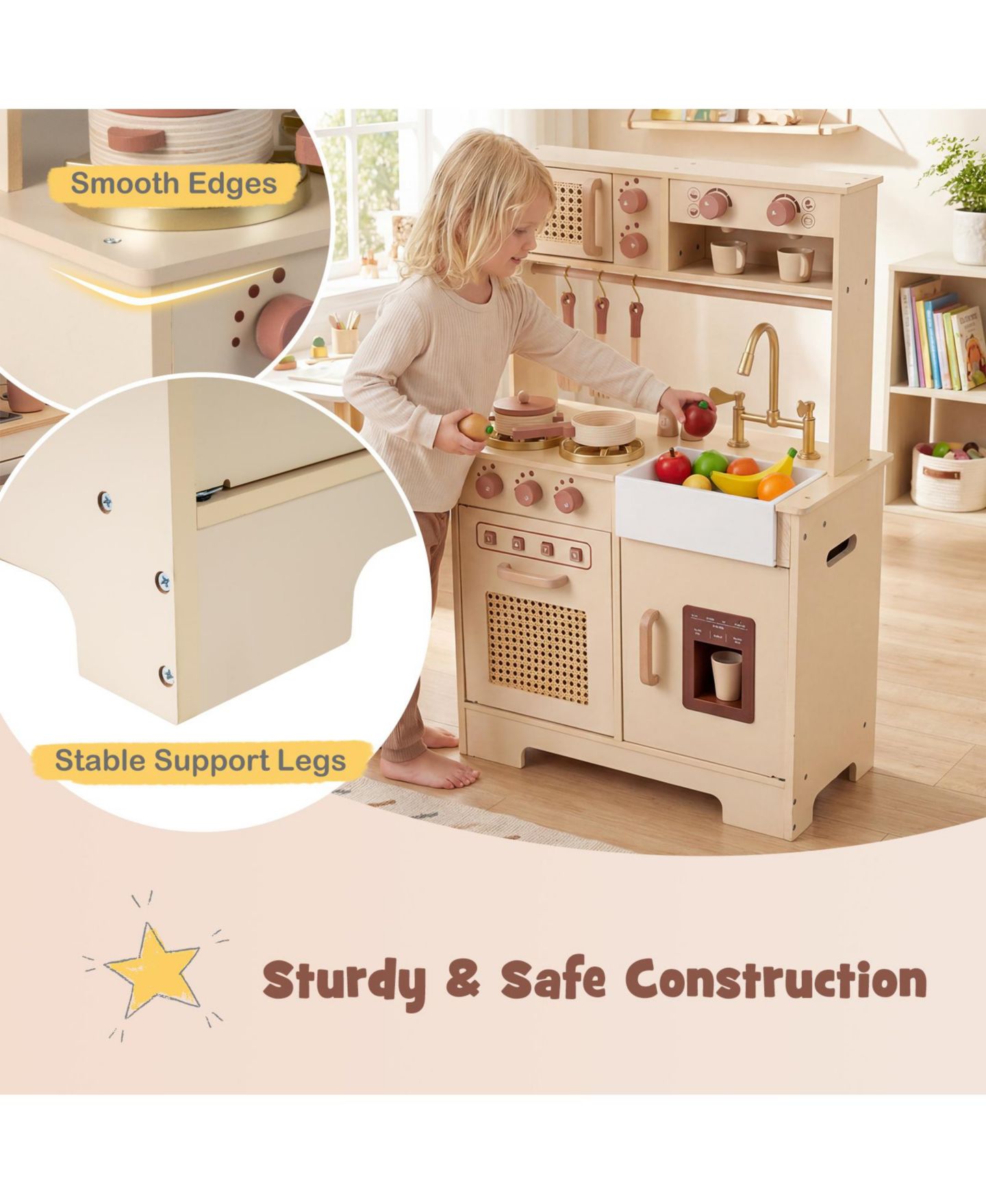Детская игрушка Costway Wooden Kids' Play Kitchen with Lights and Sounds, Ages 3+, цвет: Жёлтый — фото 3