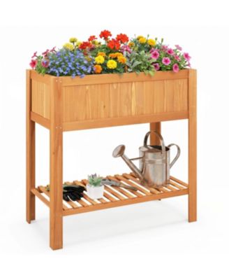 Outdoor Raised Garden Bed Fir Wood Elevated Planter Box with Storage Shelf and Liner for Vegetables Flowers Herbs