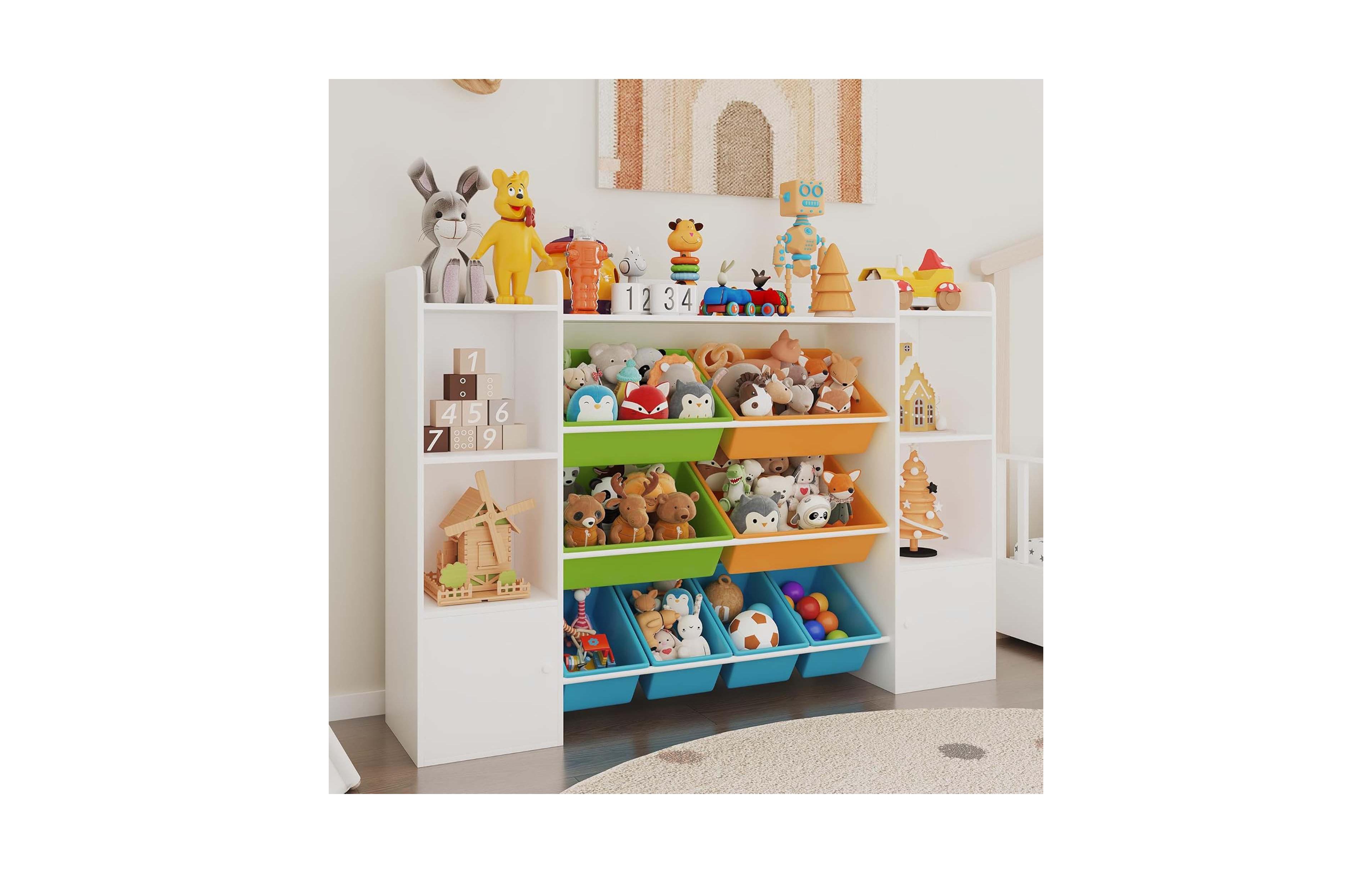 Kids Bookshelf with 8 Removable Bins 6 Cubbies White Storage Unit for Toys Books Playroom Study Area Bedroom