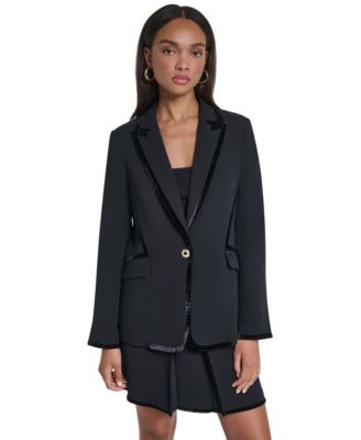 Women's Mixed Media Notch-Collar Velvet-Trim Blazer