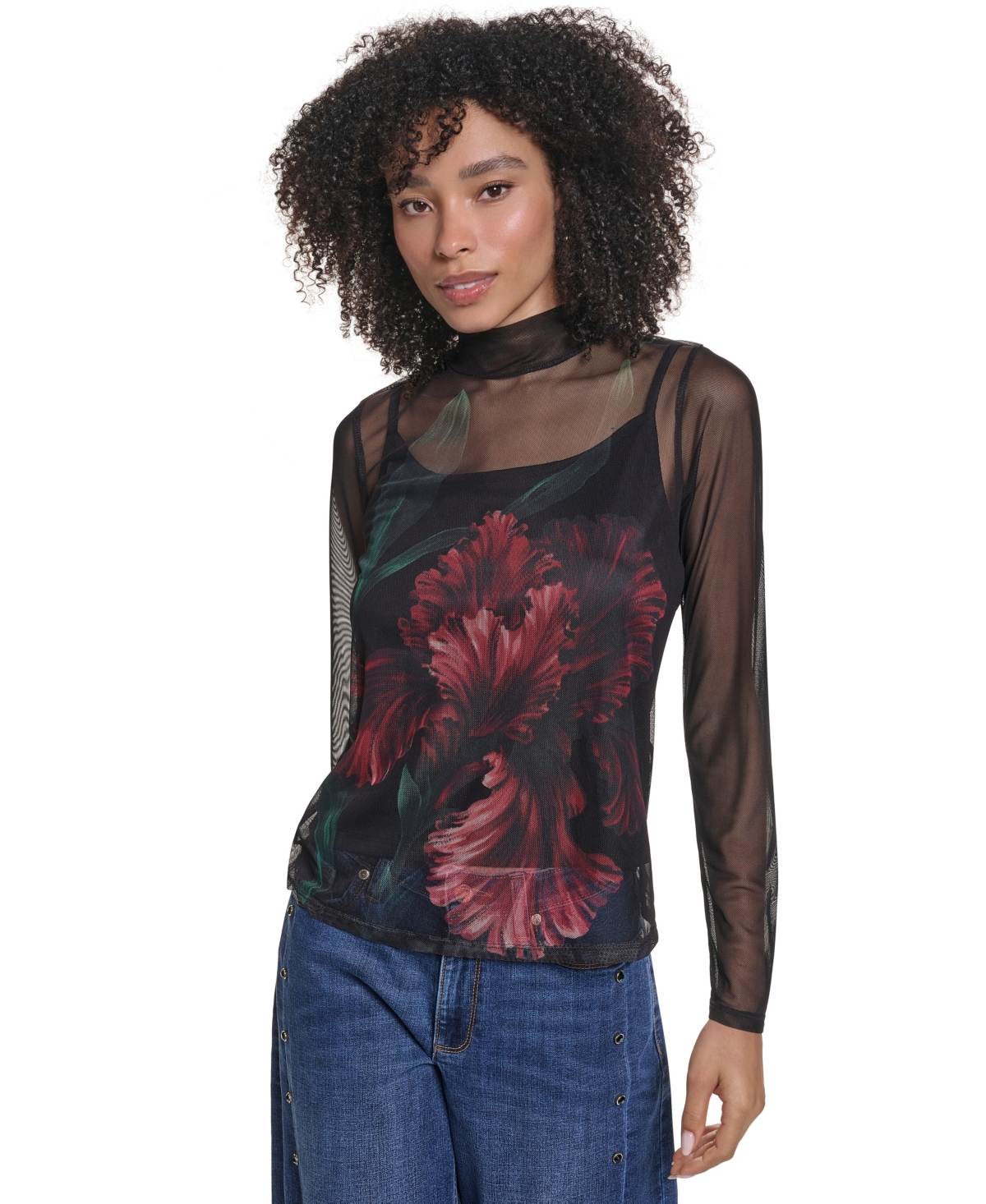 Karl Lagerfeld Paris Women's Sheer Long-Sleeve Floral-Print Mesh Top
