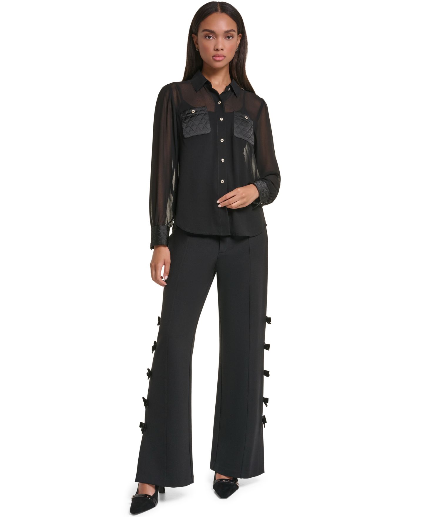 Женская блузка KARL LAGERFELD PARIS Long-Sleeve Chiffon with Quilted Pockets, цвет: Чёрный — фото 2