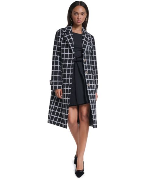 Женское пальто KARL LAGERFELD PARIS Double-Breasted Plaid Knee-Length, цвет: Чёрный / Мягкий белый