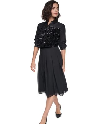 Women's Mixed Media Sequin Long-Sleeve Collared Blouse and Pleated High-Waisted Midi Skirt