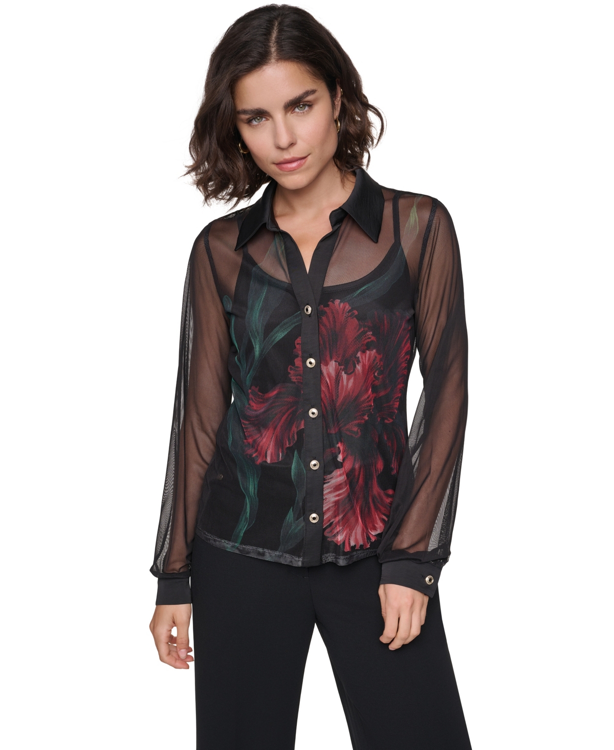 Karl Lagerfeld Paris Women's Long-Sleeve Floral Sheer Blouse