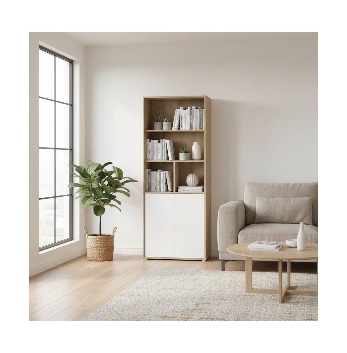FurniFact 6-Shelf Bookcase with 2 Doors for Home Office or Living Room