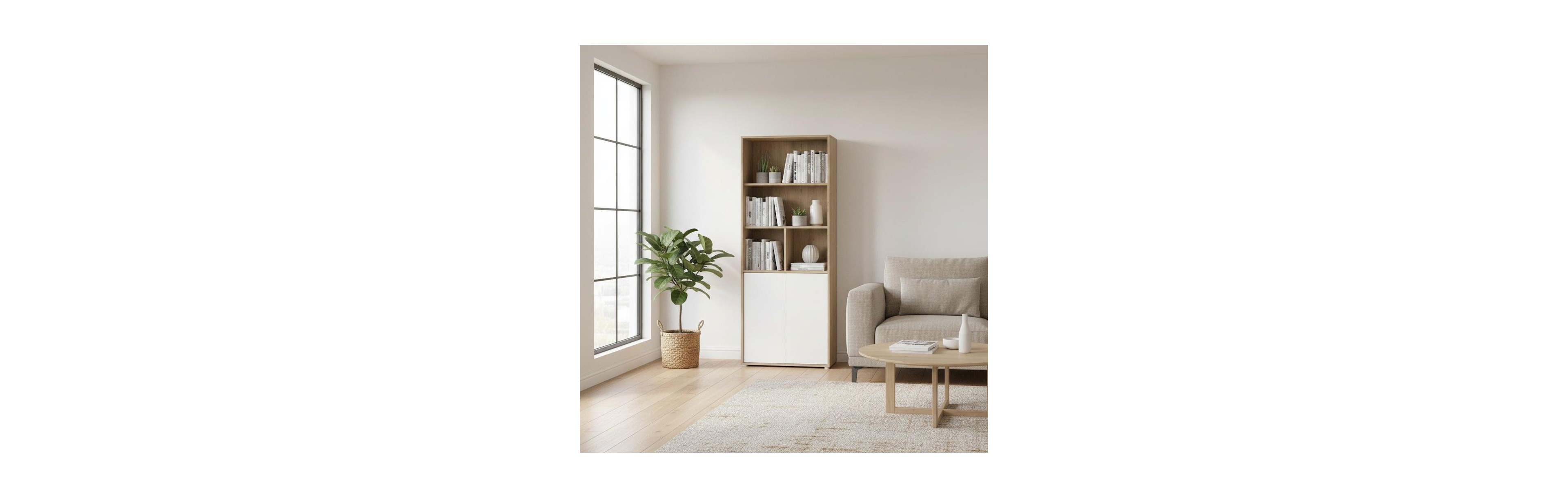 FurniFact 6-Shelf Bookcase with 2 Doors for Home Office or Living Room