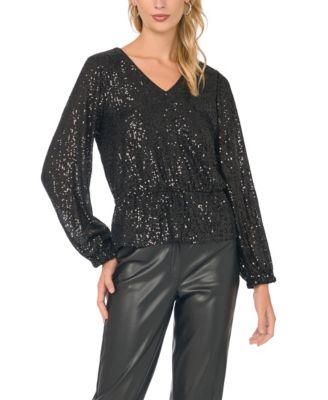 Women's Split Neck Bubble Sleeve Sequins Blouse