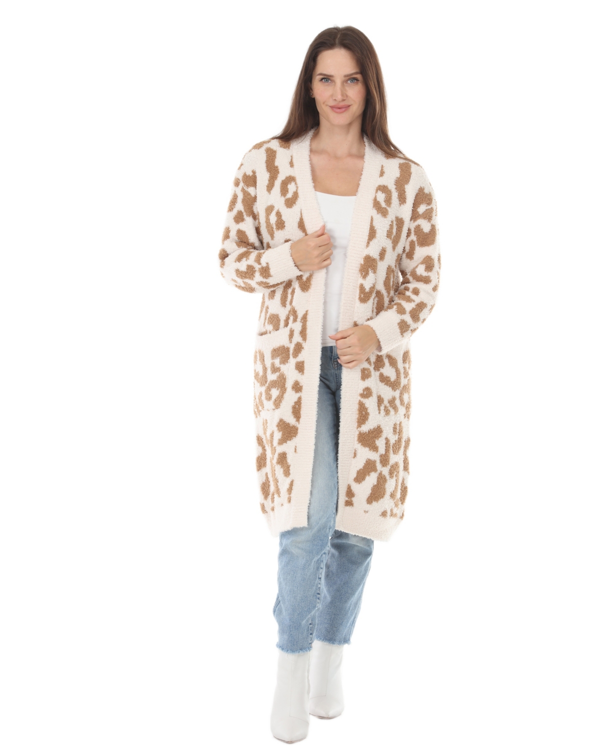 White Mark Women's Leopard-Print Sherpa Open-Front Cardigan - Tan